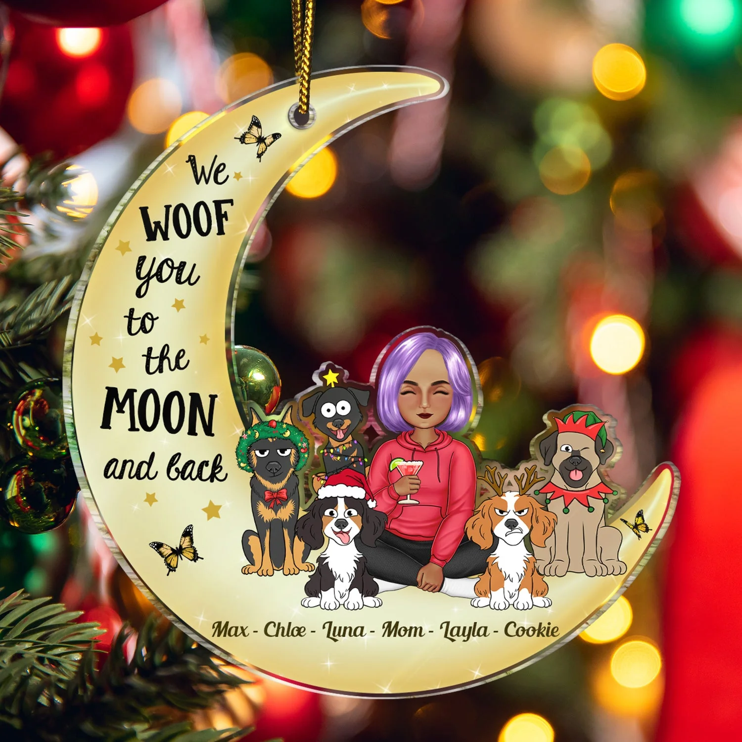 Woof You To The Moon & Back Cartoon Style - Christmas Gift For Dog Lovers, Dog Mom, Dog Dad - Personalized Cutout Acrylic Ornament - Image 5