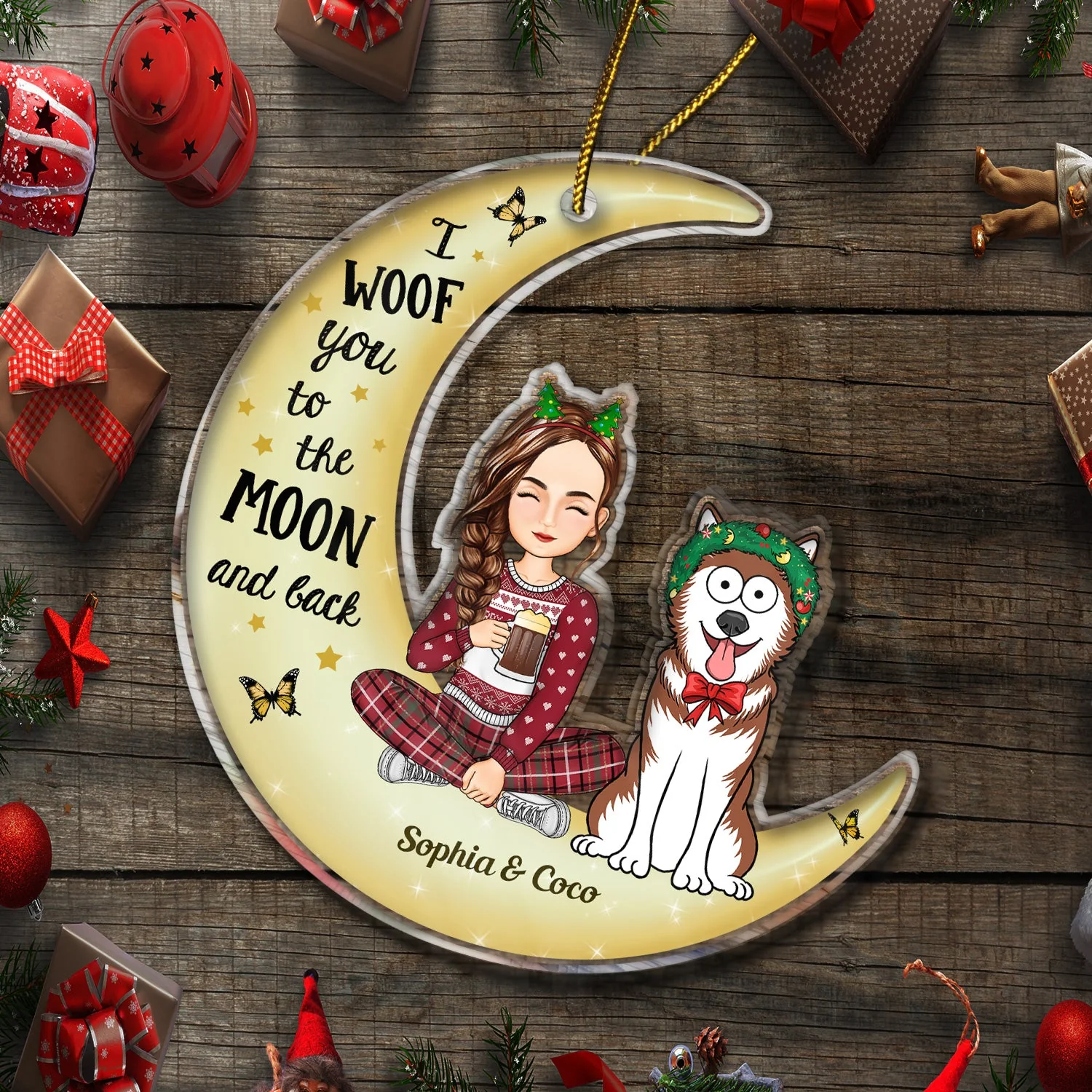 Woof You To The Moon & Back Cartoon Style - Christmas Gift For Dog Lovers, Dog Mom, Dog Dad - Personalized Cutout Acrylic Ornament - Image 6