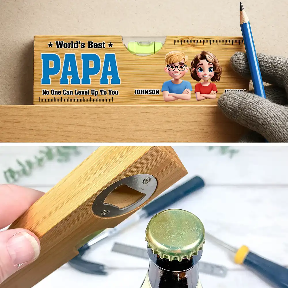 World Best Dad No One Level Up To You - Personalized Bottle Opener Wood Level - Image 5