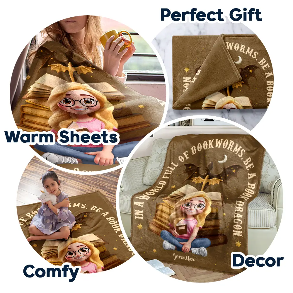 World Full Of Bookworms Be A Book Dragon - Personalized Fleece Blanket, Sherpa Blanket - Image 7