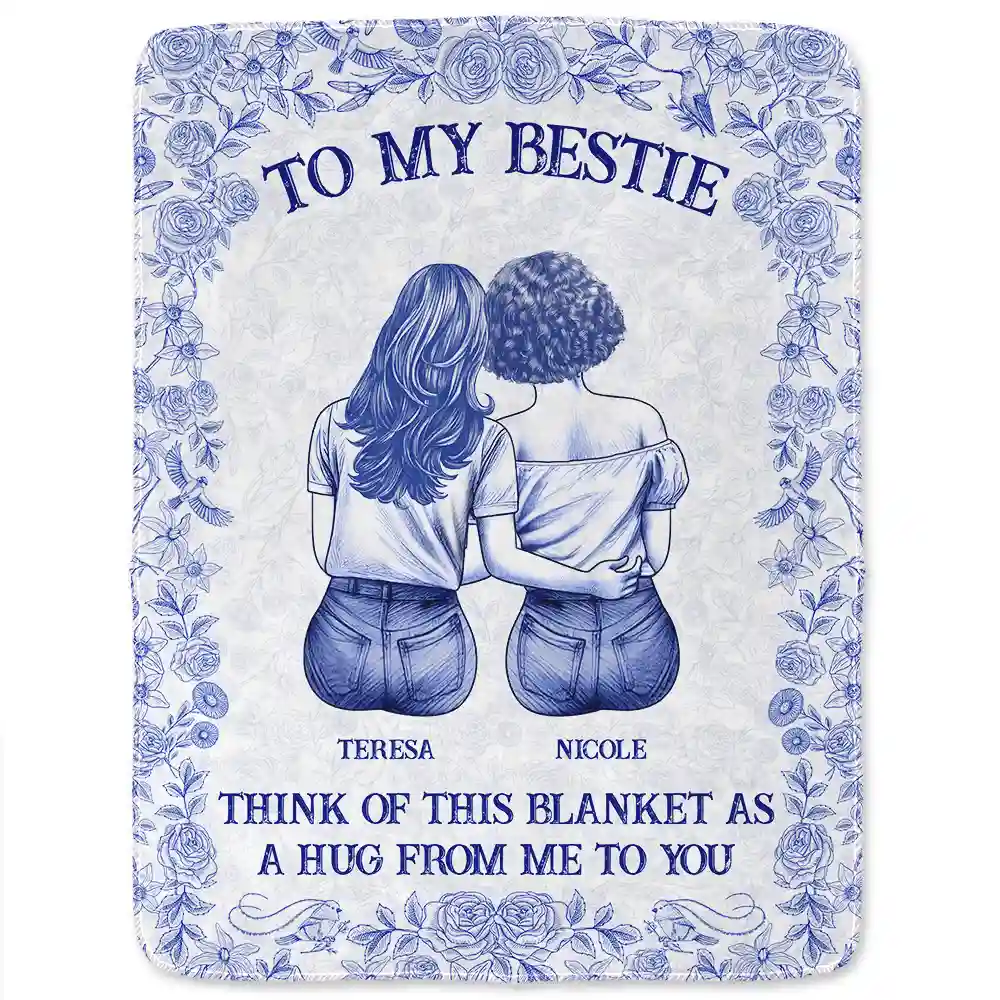 Wrap Yourself & Think As A Big Hug Toile Pattern Besties Sisters - Personalized Fleece Blanket, Sherpa Blanket - Image 2