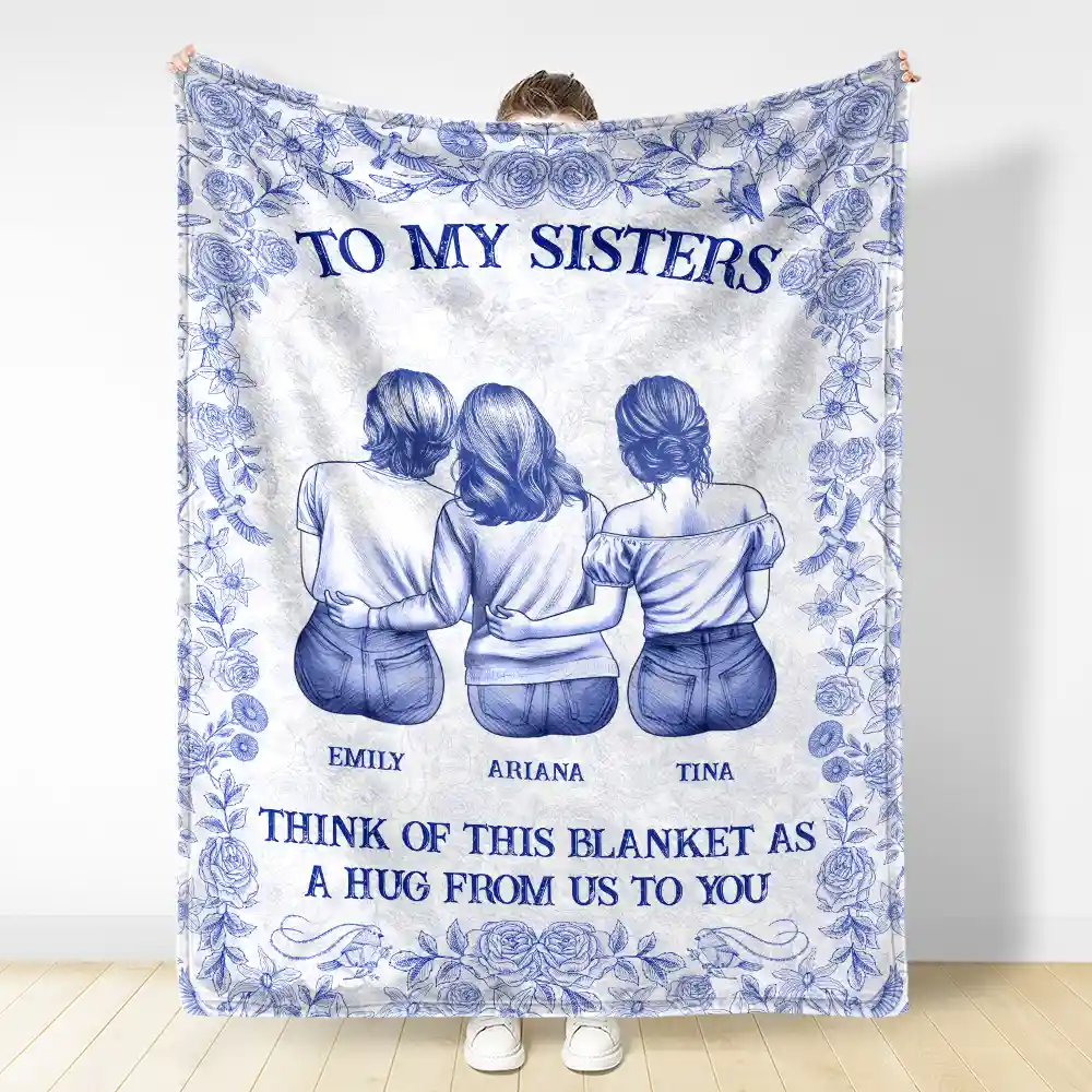 Wrap Yourself & Think As A Big Hug Toile Pattern Besties Sisters - Personalized Fleece Blanket, Sherpa Blanket - Image 3