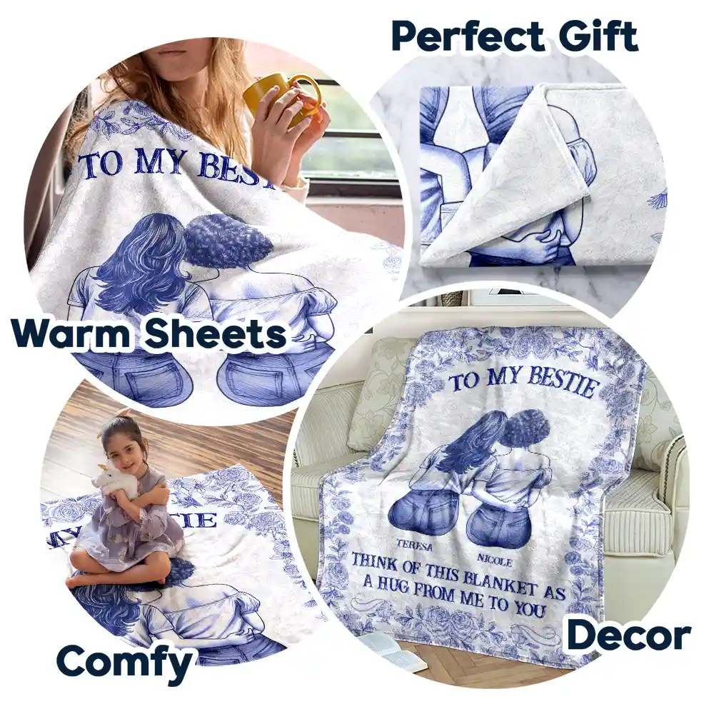 Wrap Yourself & Think As A Big Hug Toile Pattern Besties Sisters - Personalized Fleece Blanket, Sherpa Blanket - Image 5