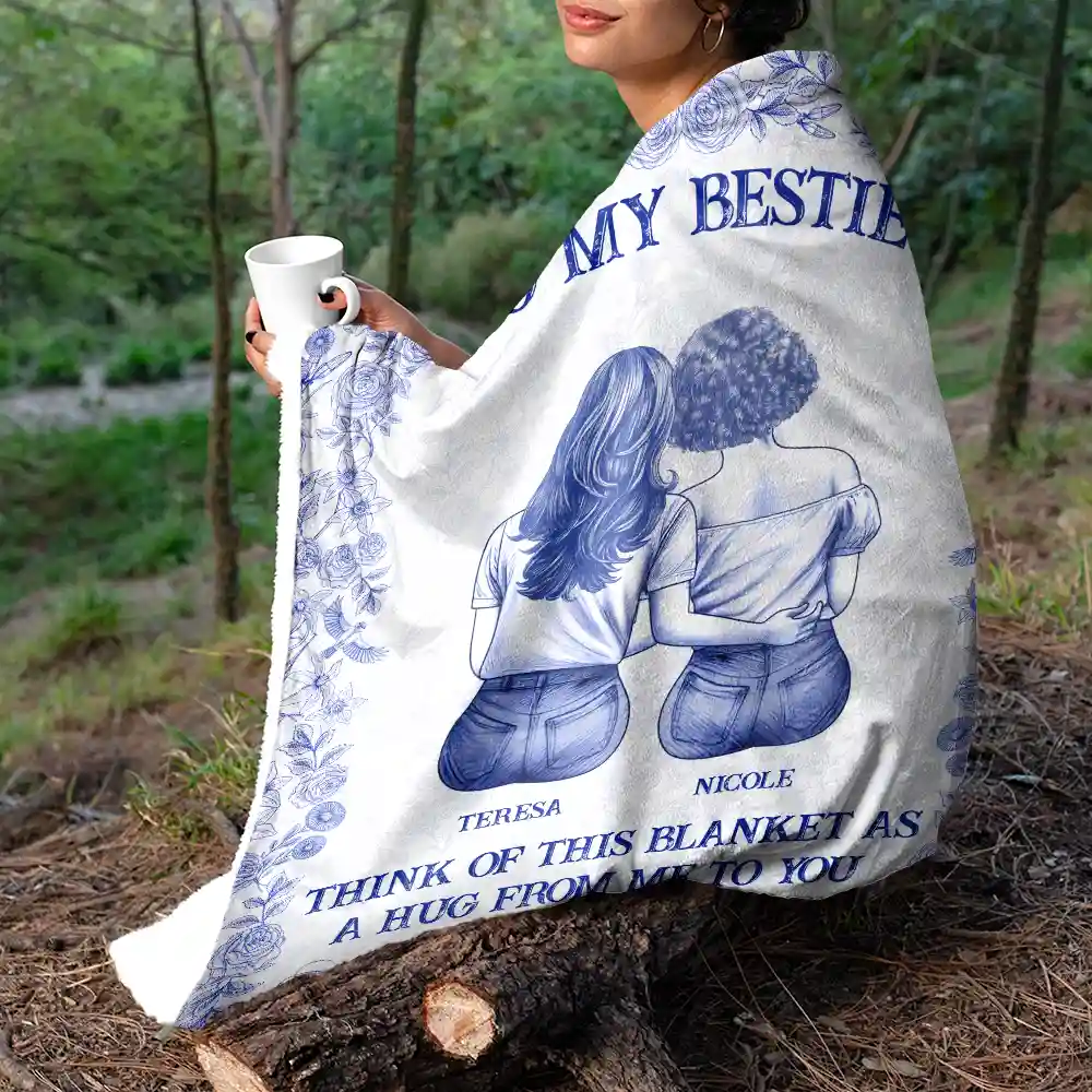 Wrap Yourself & Think As A Big Hug Toile Pattern Besties Sisters - Personalized Fleece Blanket, Sherpa Blanket - Image 7