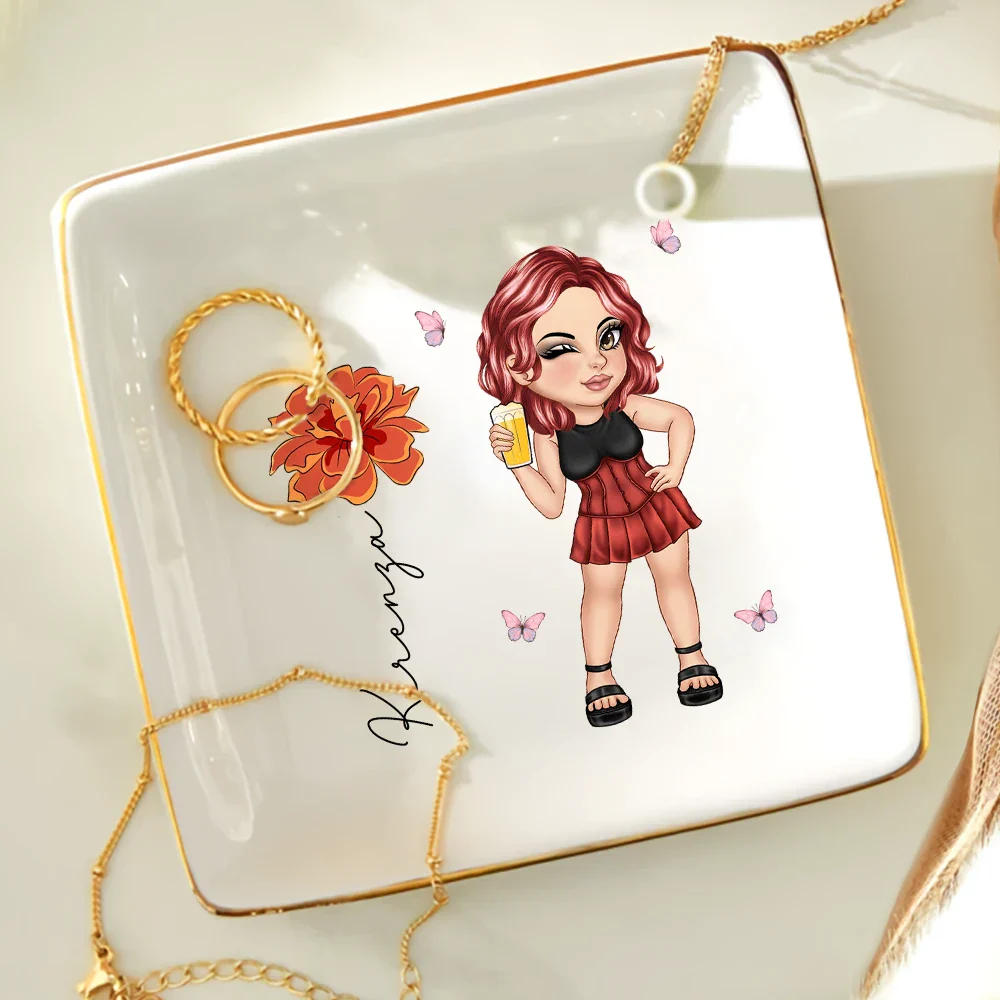 Y2K Girl With Birth Flowers - Personalized Ring Dish - Image 4