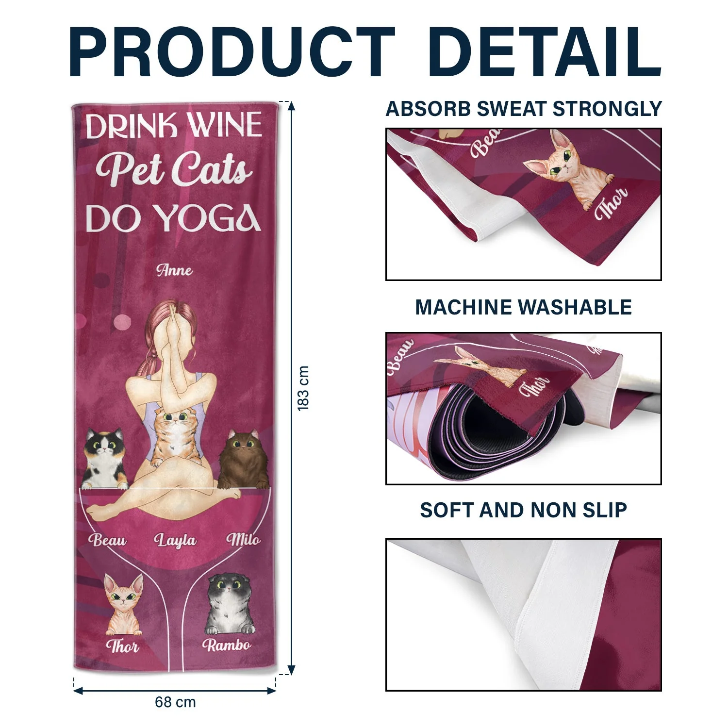 Yoga Drink Wine Pet Cats - Gift For Cat Mom - Personalized Yoga Towel - Image 5