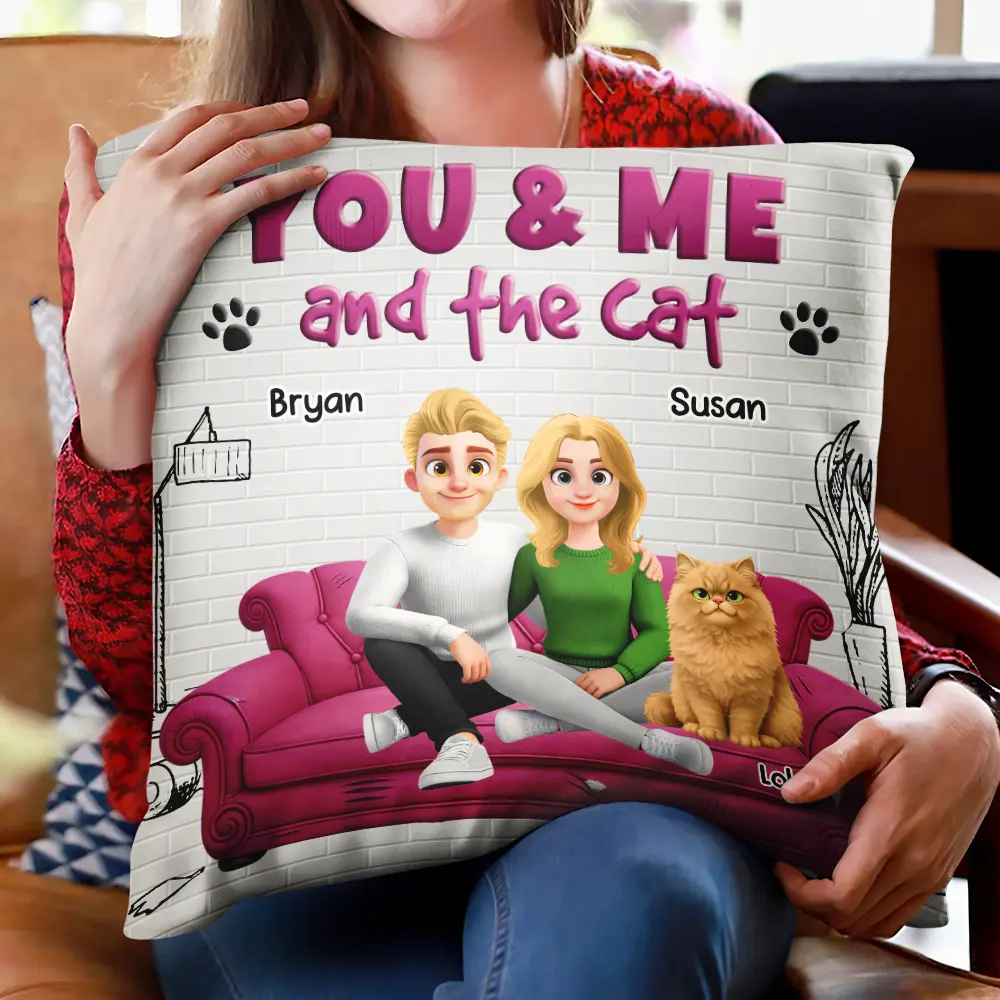 You And Me And The Cats 3D Couple - Personalized Pillow - Image 2