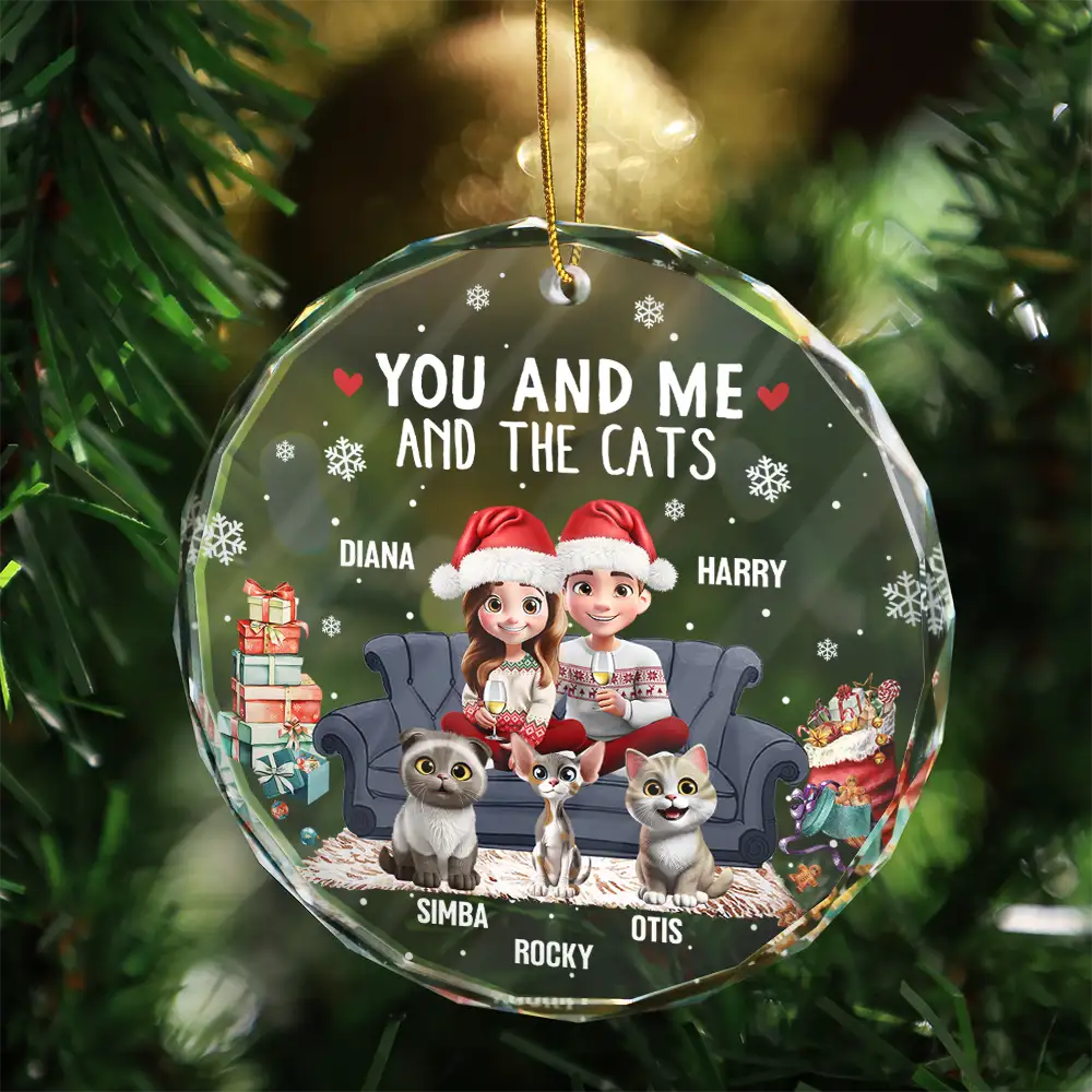 You And Me And The Cats 3d Effect - Personalized Circle Glass Ornament - Image 3