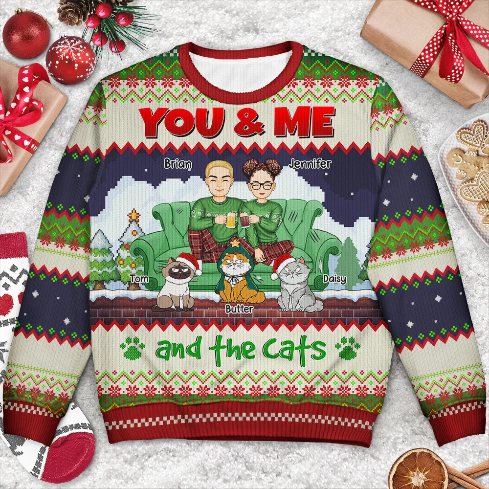 You And Me And The Cats Cartoon Christmas - Personalized Unisex Ugly Sweater - Image 3
