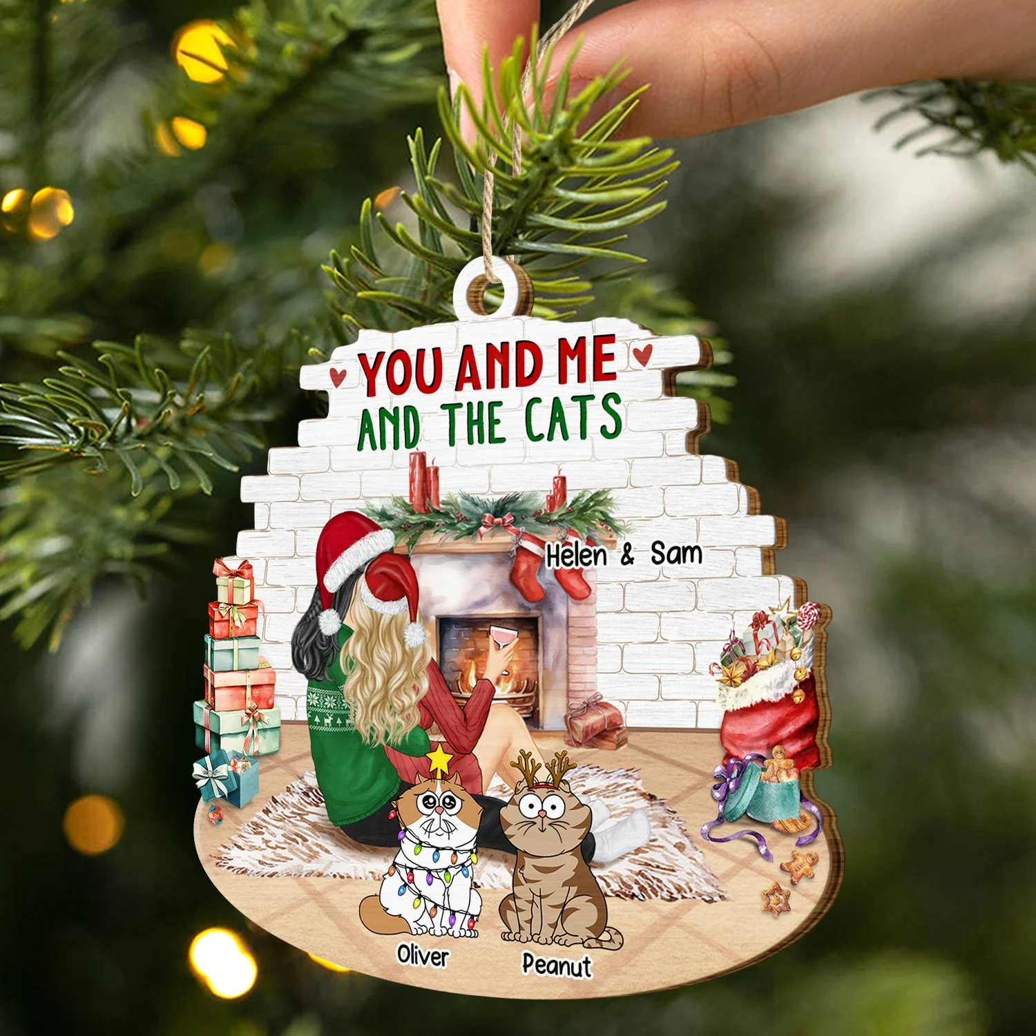 You And Me And The Cats - Christmas Gift For Cat Lovers - Personalized Custom Shaped Wooden Ornament - Image 2
