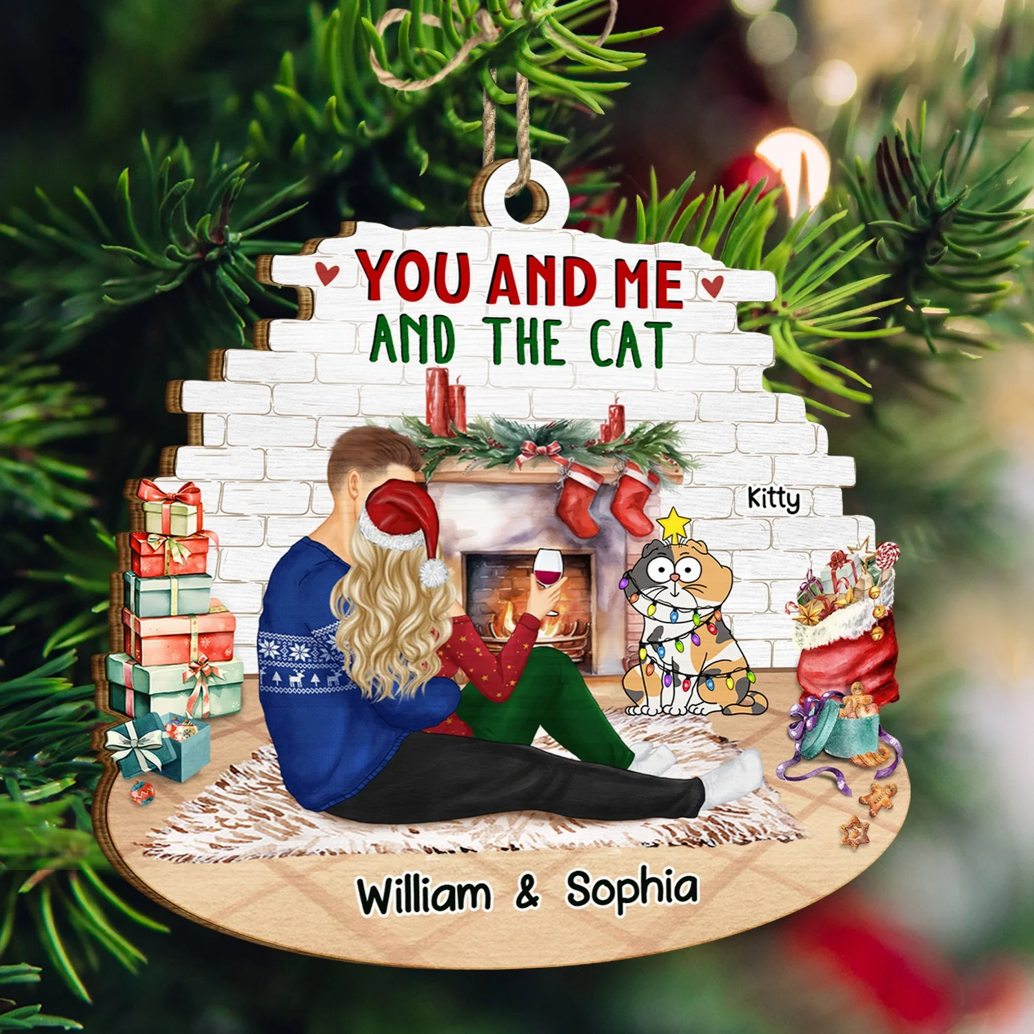 You And Me And The Cats - Christmas Gift For Cat Lovers - Personalized Custom Shaped Wooden Ornament - Image 3