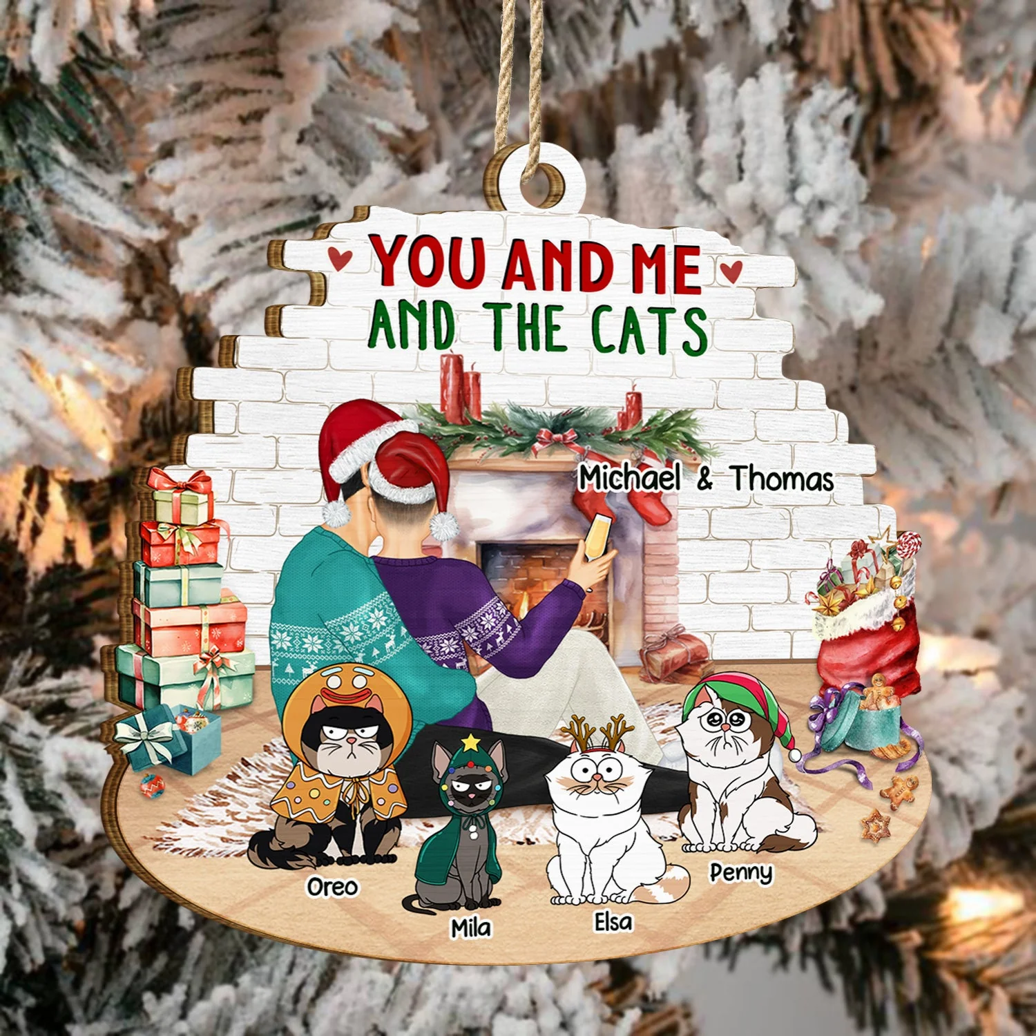 You And Me And The Cats - Christmas Gift For Cat Lovers - Personalized Custom Shaped Wooden Ornament - Image 4