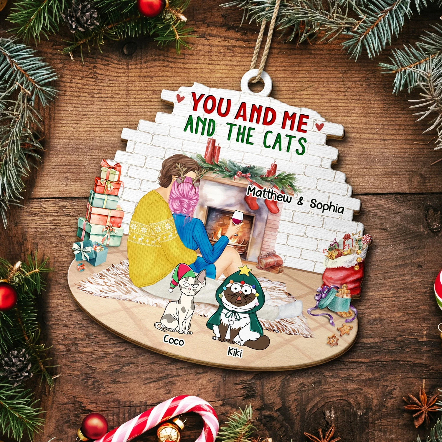 You And Me And The Cats - Christmas Gift For Cat Lovers - Personalized Custom Shaped Wooden Ornament - Image 5