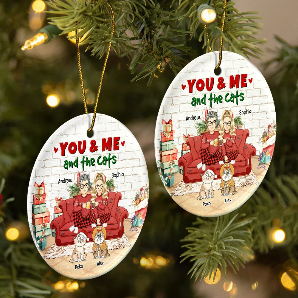 You And Me And The Cats Christmas - Personalized Circle Ceramic Ornament - Image 2
