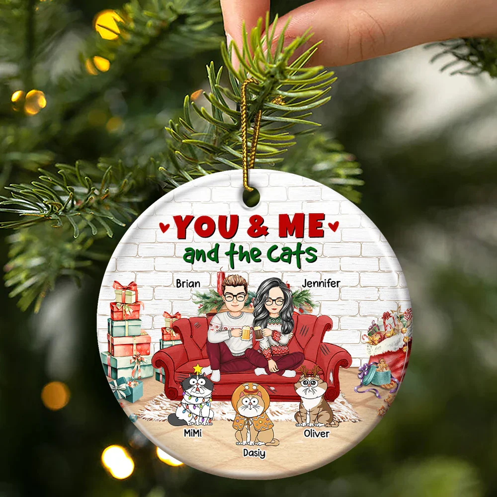 You And Me And The Cats Christmas - Personalized Circle Ceramic Ornament - Image 3