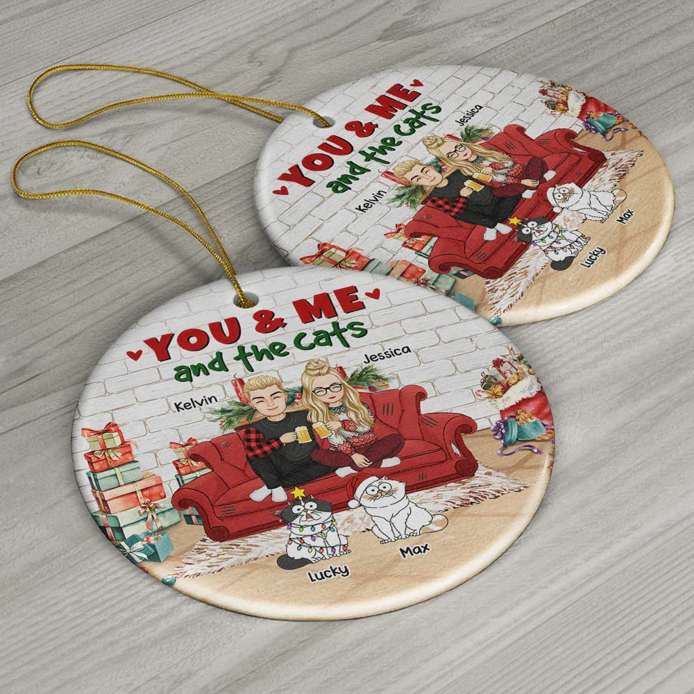You And Me And The Cats Christmas - Personalized Circle Ceramic Ornament - Image 6