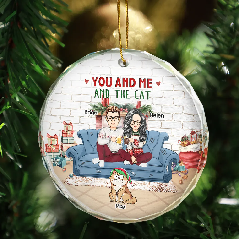 You And Me And The Cats Couple Christmas - Personalized Glass Ornament - Image 3