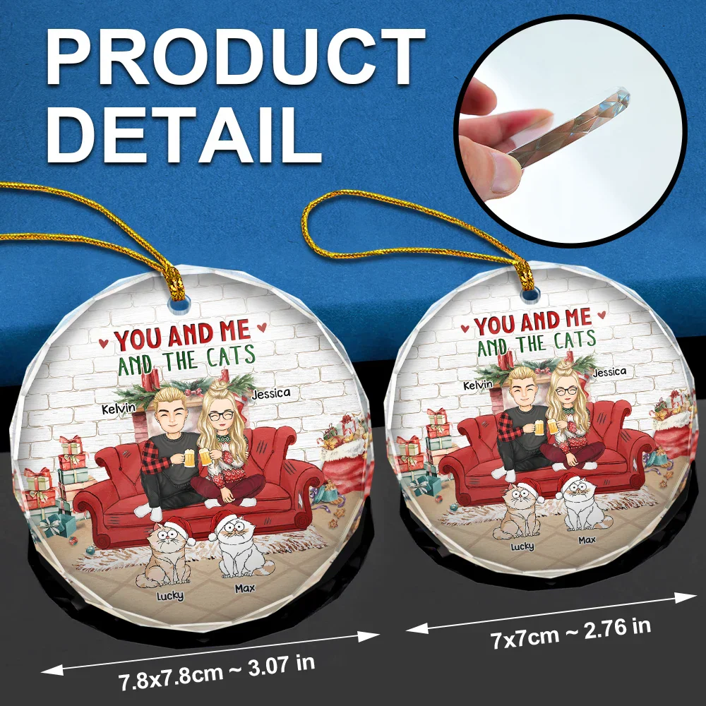 You And Me And The Cats Couple Christmas - Personalized Glass Ornament - Image 6