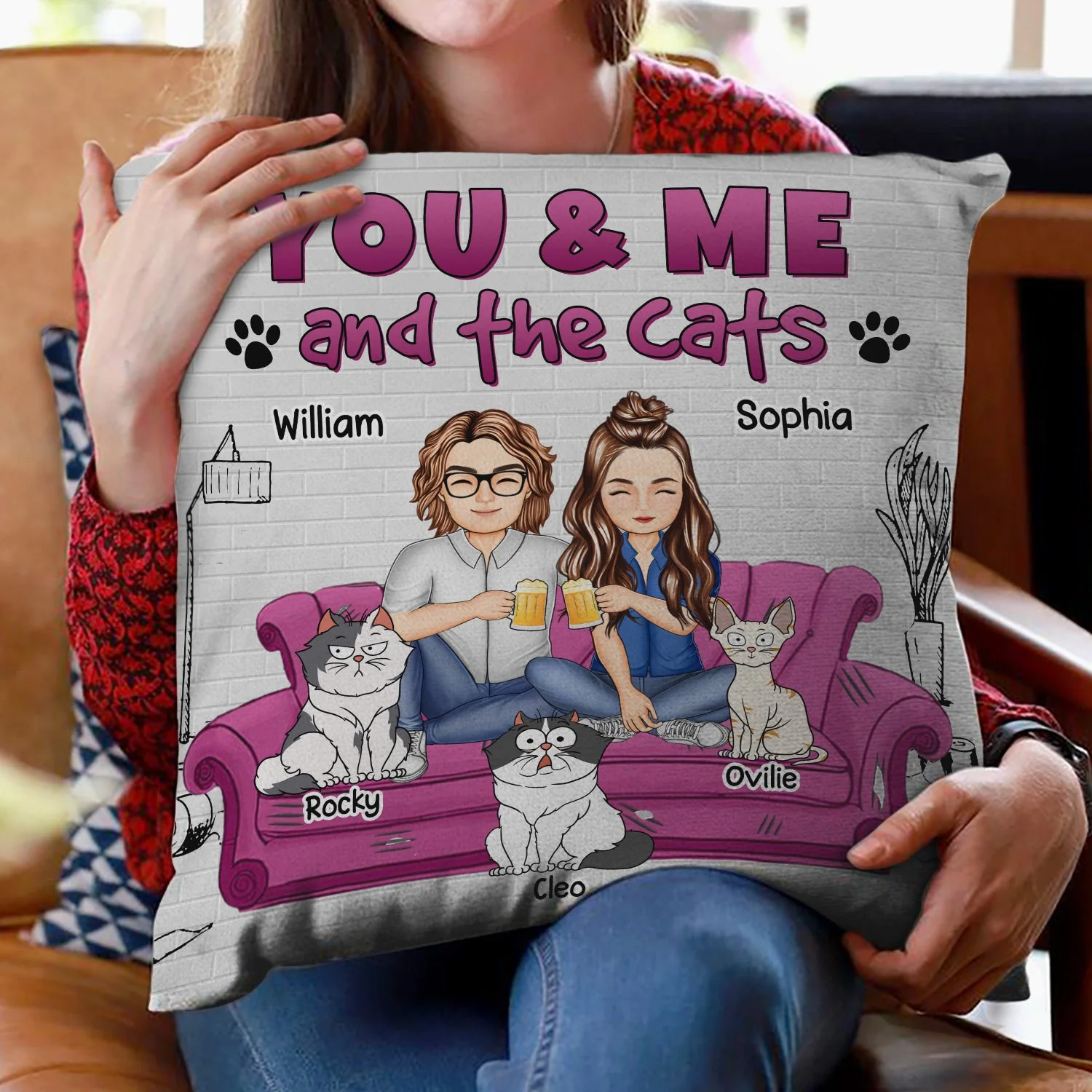 You And Me And The Cats - Gift For Cat Lovers - Personalized Pillow - Image 2