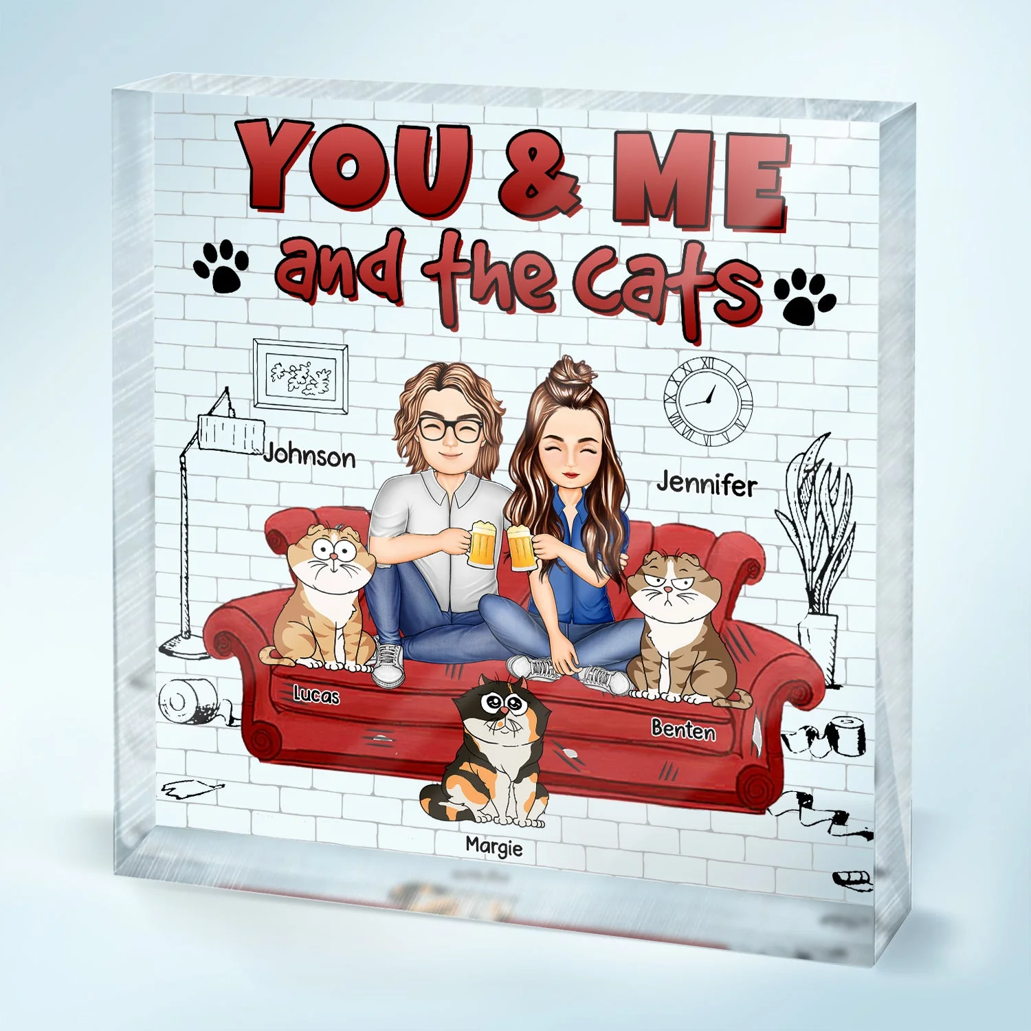 You And Me And The Cats - Gift For Cat Lovers - Personalized Square Shaped Acrylic Plaque - Image 2