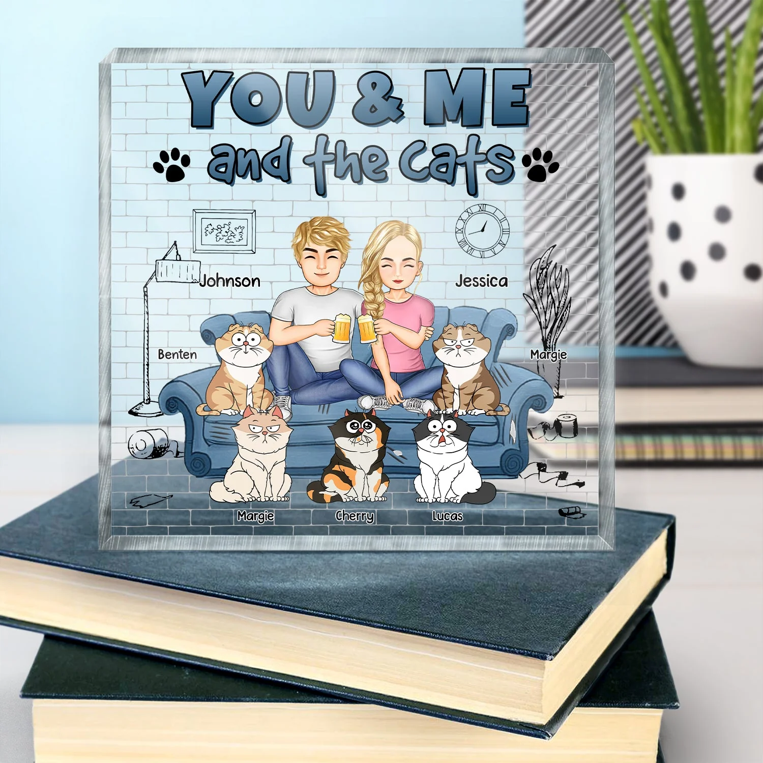 You And Me And The Cats - Gift For Cat Lovers - Personalized Square Shaped Acrylic Plaque - Image 4
