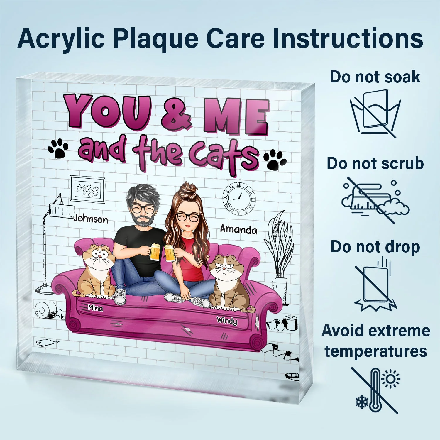 You And Me And The Cats - Gift For Cat Lovers - Personalized Square Shaped Acrylic Plaque - Image 6