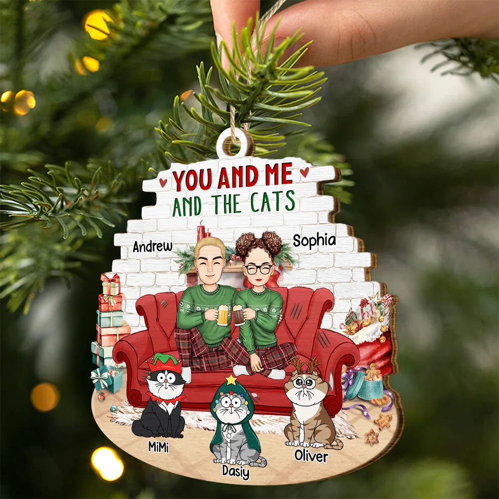 You And Me And The Cats - Personalized Custom Shaped Wooden Ornament - Image 2