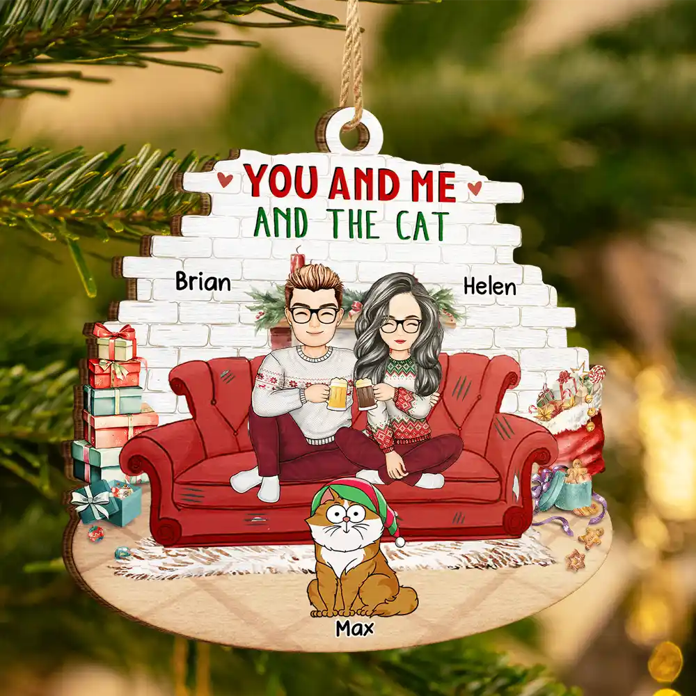 You And Me And The Cats - Personalized Custom Shaped Wooden Ornament - Image 3