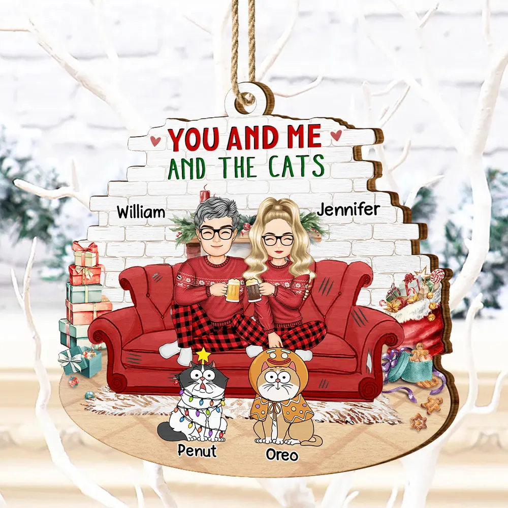 You And Me And The Cats - Personalized Custom Shaped Wooden Ornament - Image 4