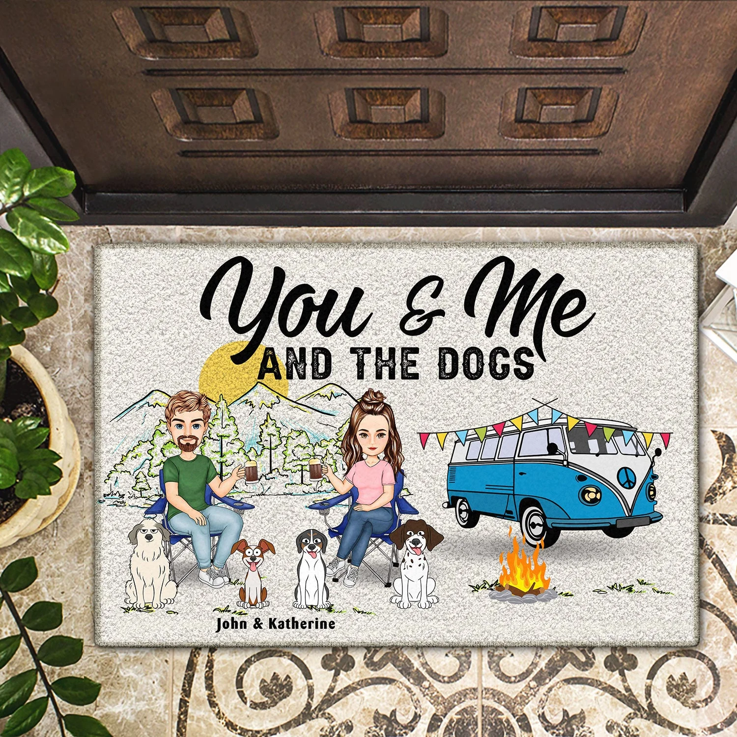 You And Me And The Dog Home Is Where Cartoon - Gift For Camping Lovers, Dog Couples - Personalized Doormat - Image 2