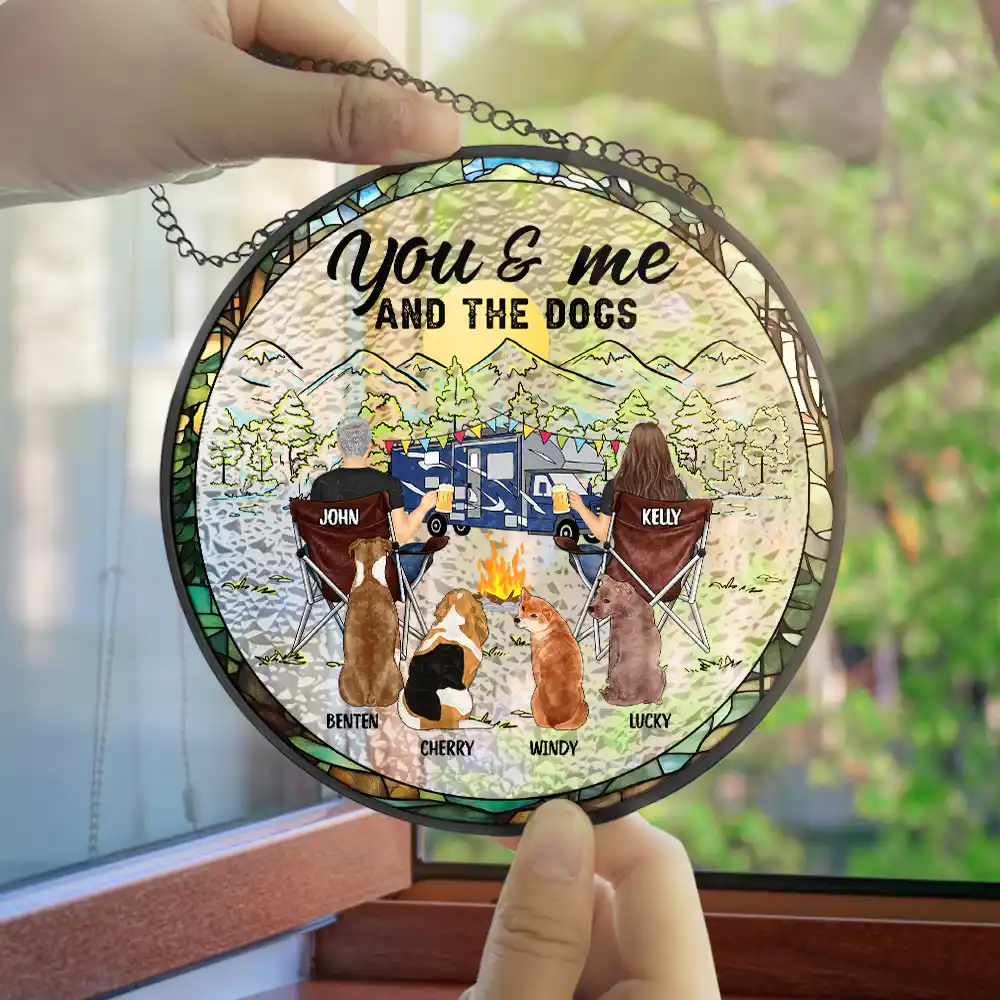 You And Me And The Dogs Back Couples - Personalized Stained Glass Window Hanging Suncatcher - Image 4