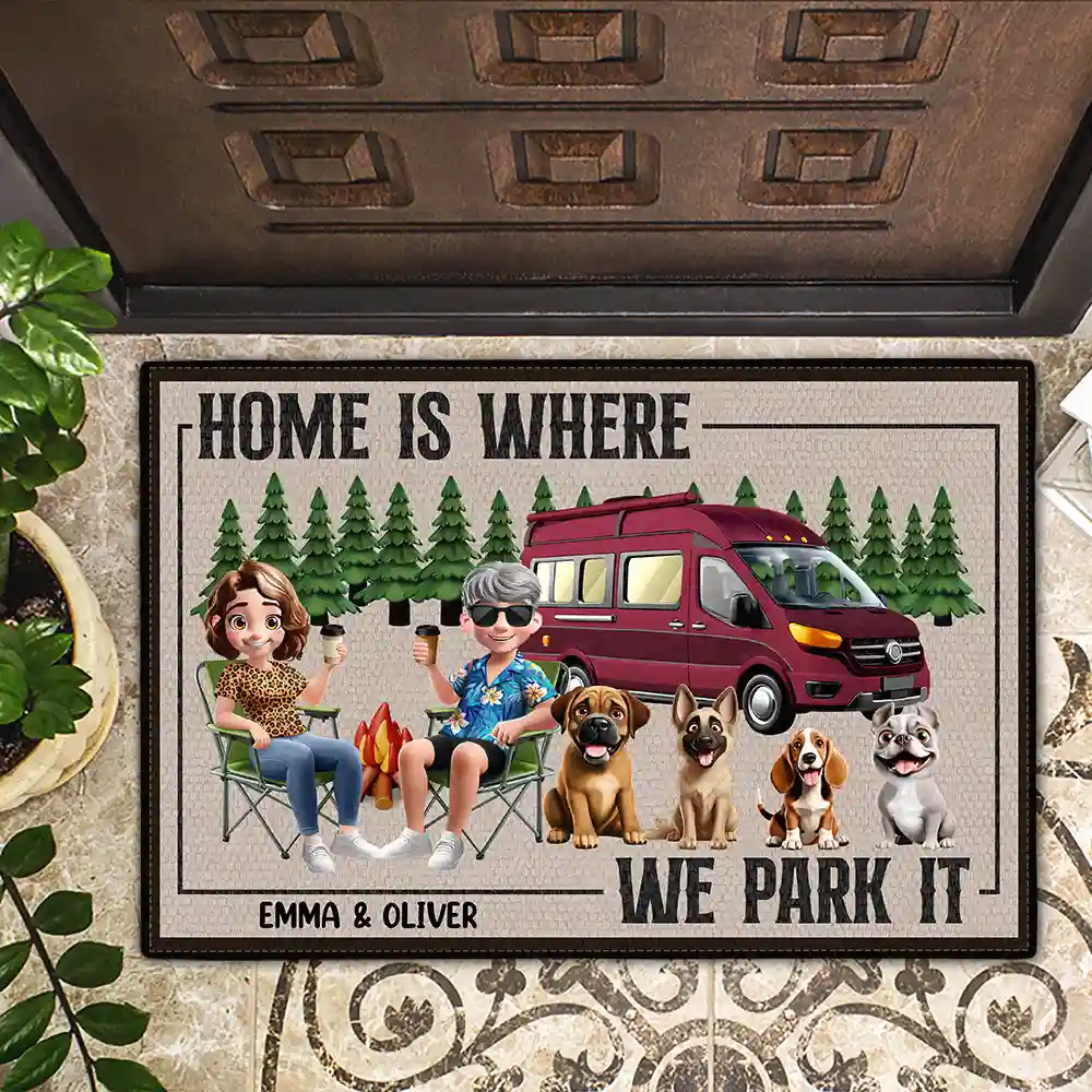 You And Me And The Dogs Camping Cartoon - Personalized Doormat - Image 2