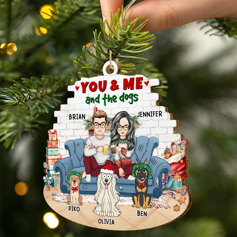 You And Me And The Dogs Cartoon Couples Christmas - Personalized Custom Shaped Wooden Ornament - Image 2