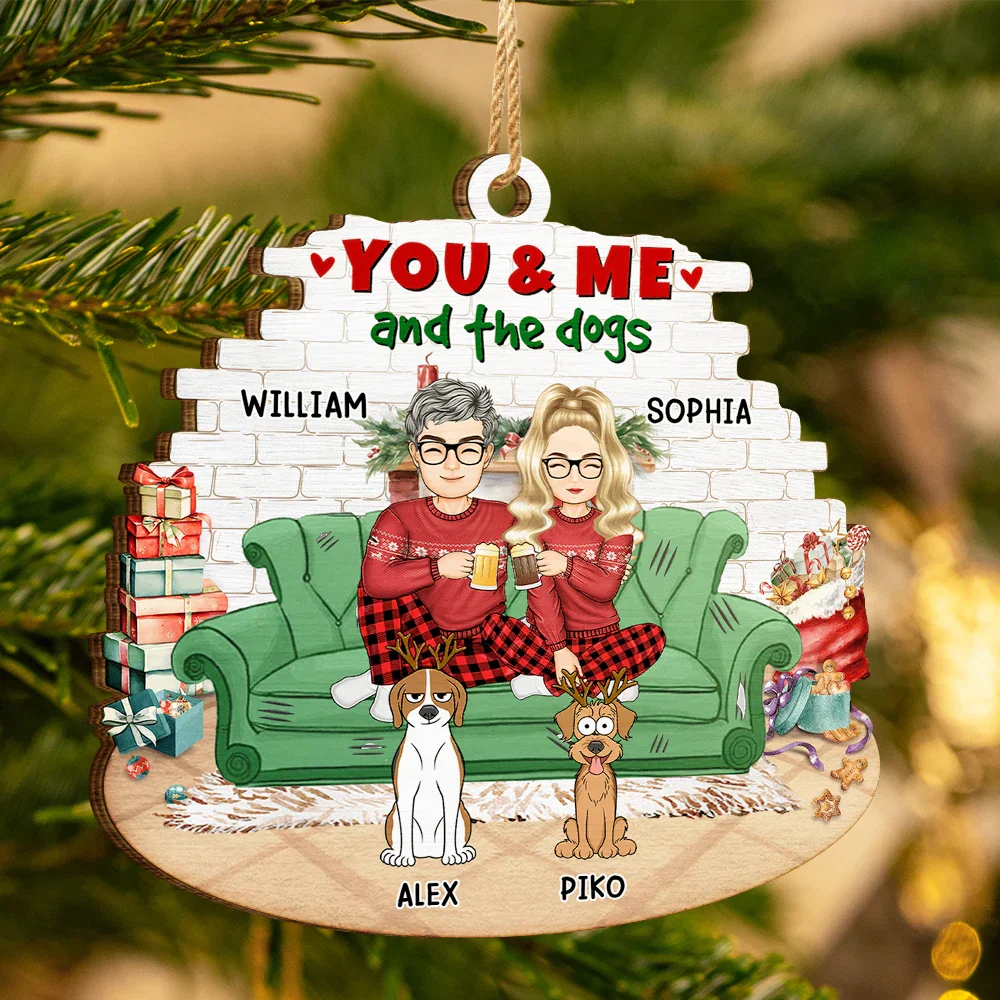 You And Me And The Dogs Cartoon Couples Christmas - Personalized Custom Shaped Wooden Ornament - Image 3