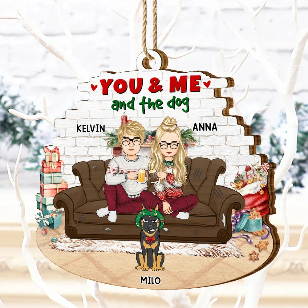 You And Me And The Dogs Cartoon Couples Christmas - Personalized Custom Shaped Wooden Ornament - Image 4