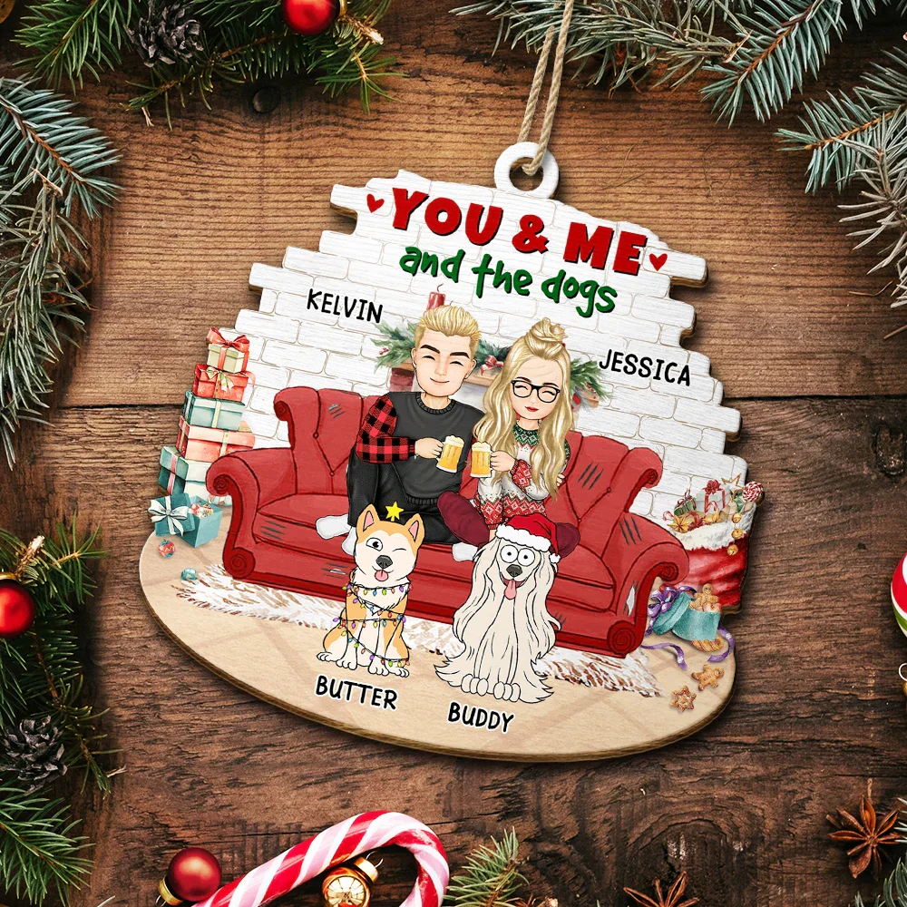 You And Me And The Dogs Cartoon Couples Christmas - Personalized Custom Shaped Wooden Ornament - Image 5