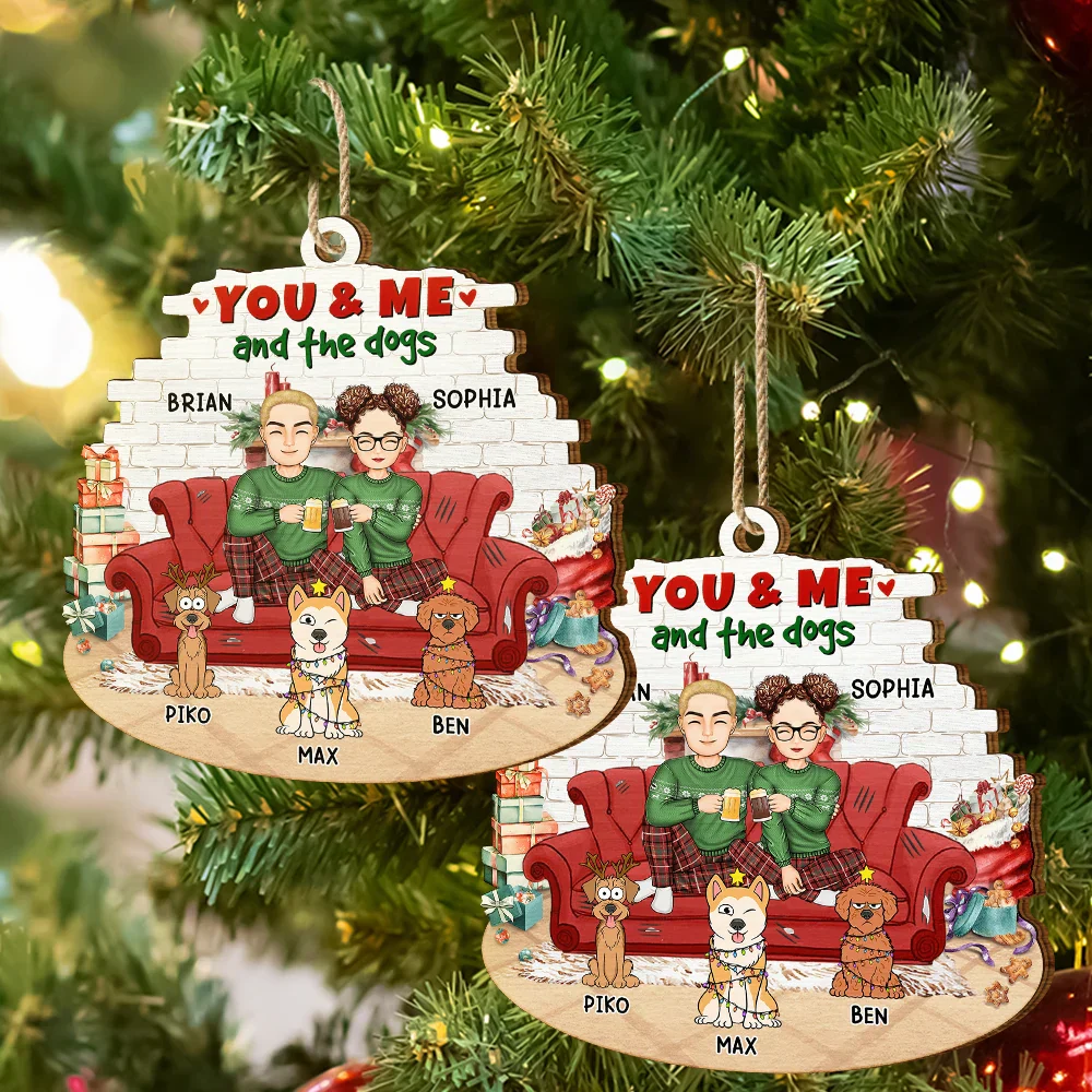 You And Me And The Dogs Cartoon Couples Christmas - Personalized Custom Shaped Wooden Ornament - Image 6