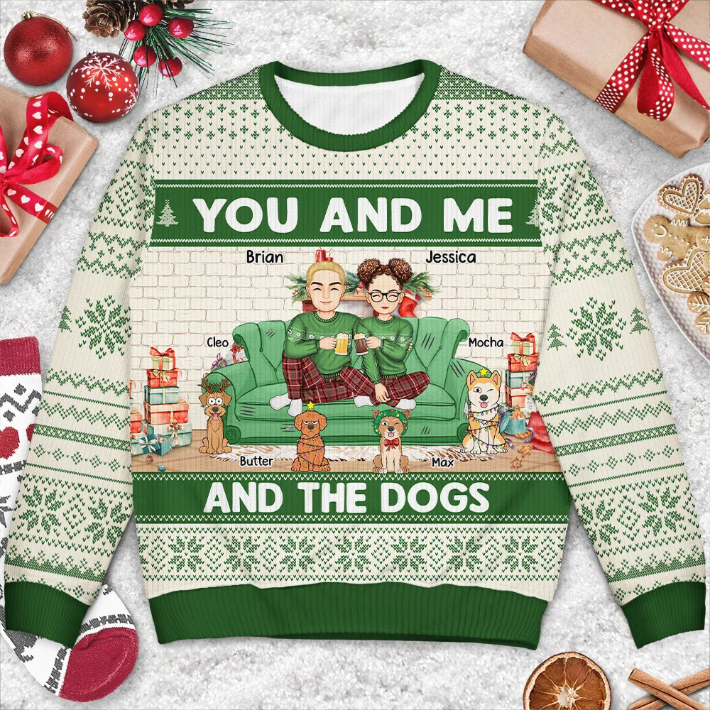 You And Me And The Dogs Cartoon - Personalized Unisex Ugly Sweater - Image 3