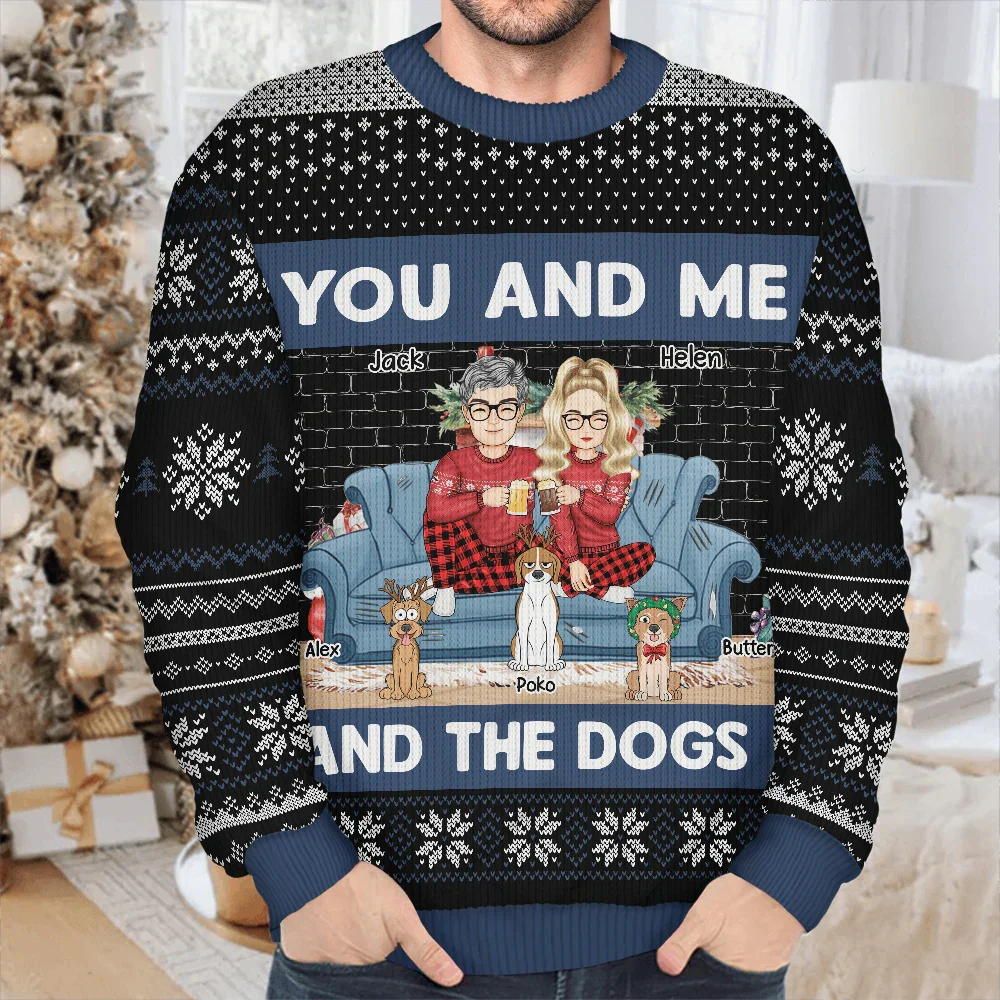 You And Me And The Dogs Cartoon - Personalized Unisex Ugly Sweater - Image 4