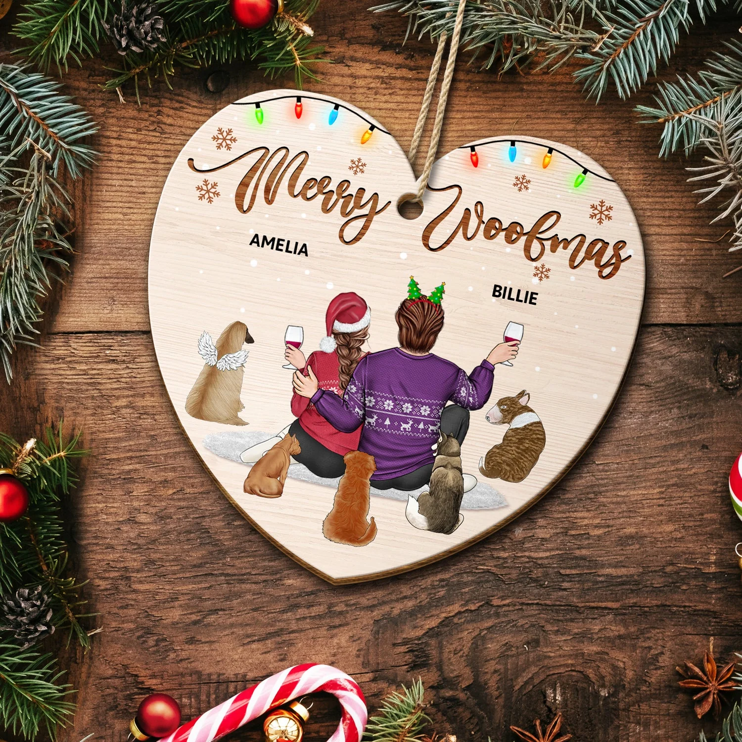 You And Me And The Dogs - Christmas Gift For Couples, Dog Lovers, Cat Lovers, Pet Lovers - Personalized Custom Shaped Wooden Ornament - Image 5