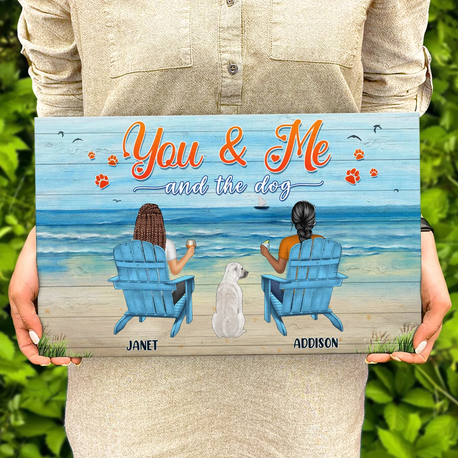 You And Me And The Dogs Peace Beach View - Gift For Pet Lovers - Personalized Wood Rectangle Sign - Image 4