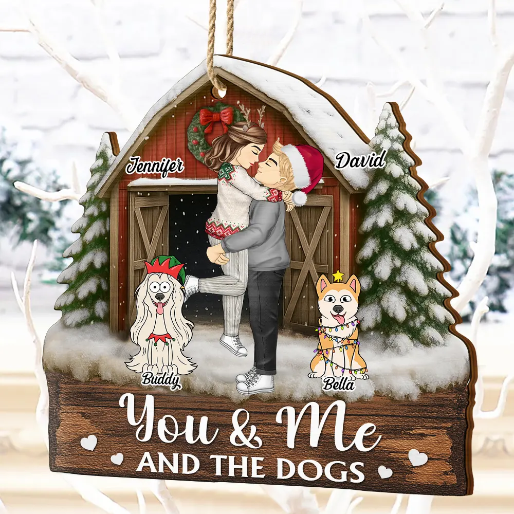 You And Me And The Dogs Pet Couple Red Barn - Personalized Custom Shaped Wooden Ornament - Image 4