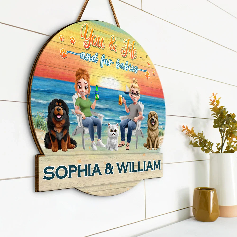 You And Me And The Fur Babies Beach View - Personalized Custom Shaped Wood Sign - Image 2