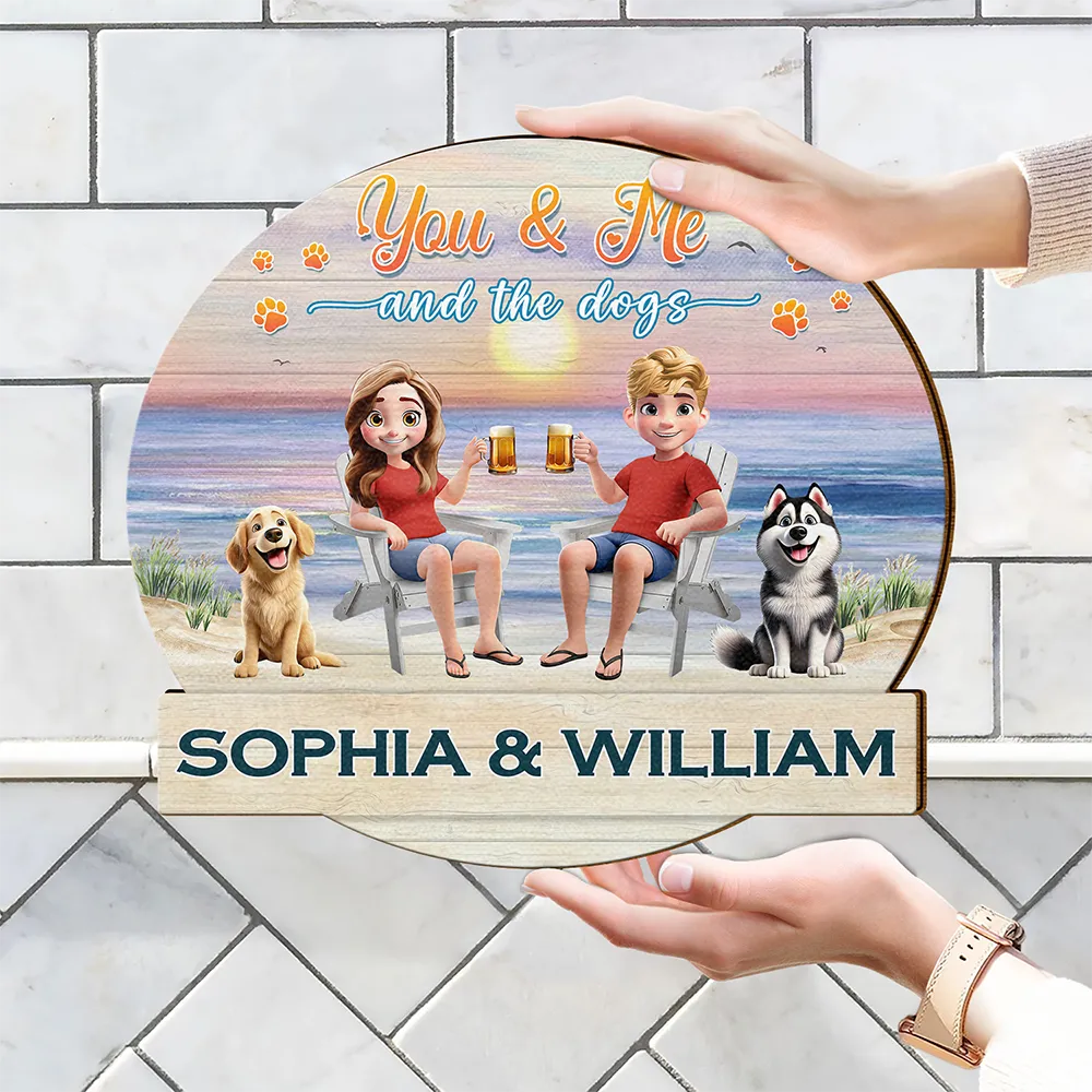 You And Me And The Fur Babies Beach View - Personalized Custom Shaped Wood Sign - Image 4