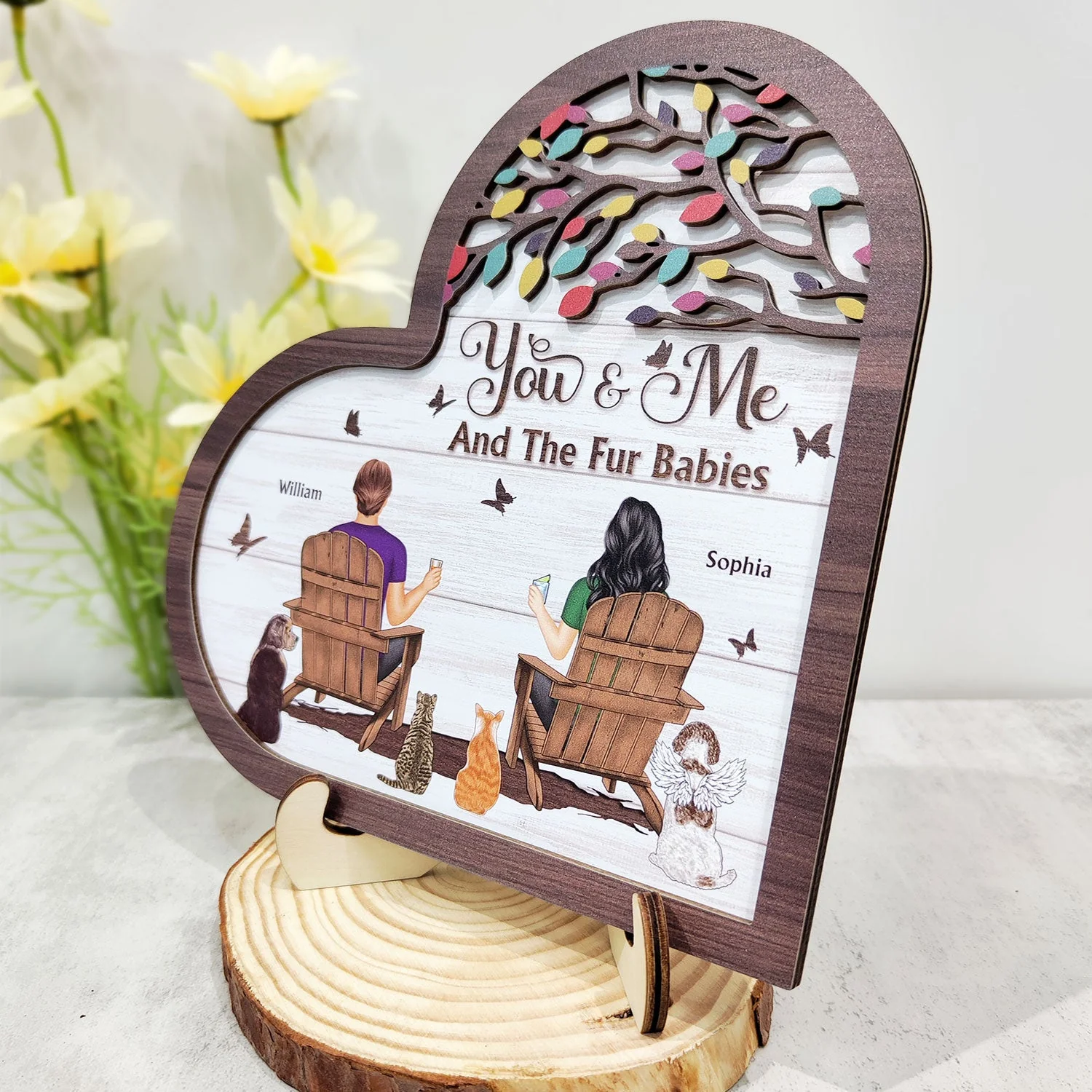 You And Me And The Fur Babies - Gift For Pet Couples - Personalized 2-Layered Wooden Plaque With Stand - Image 2