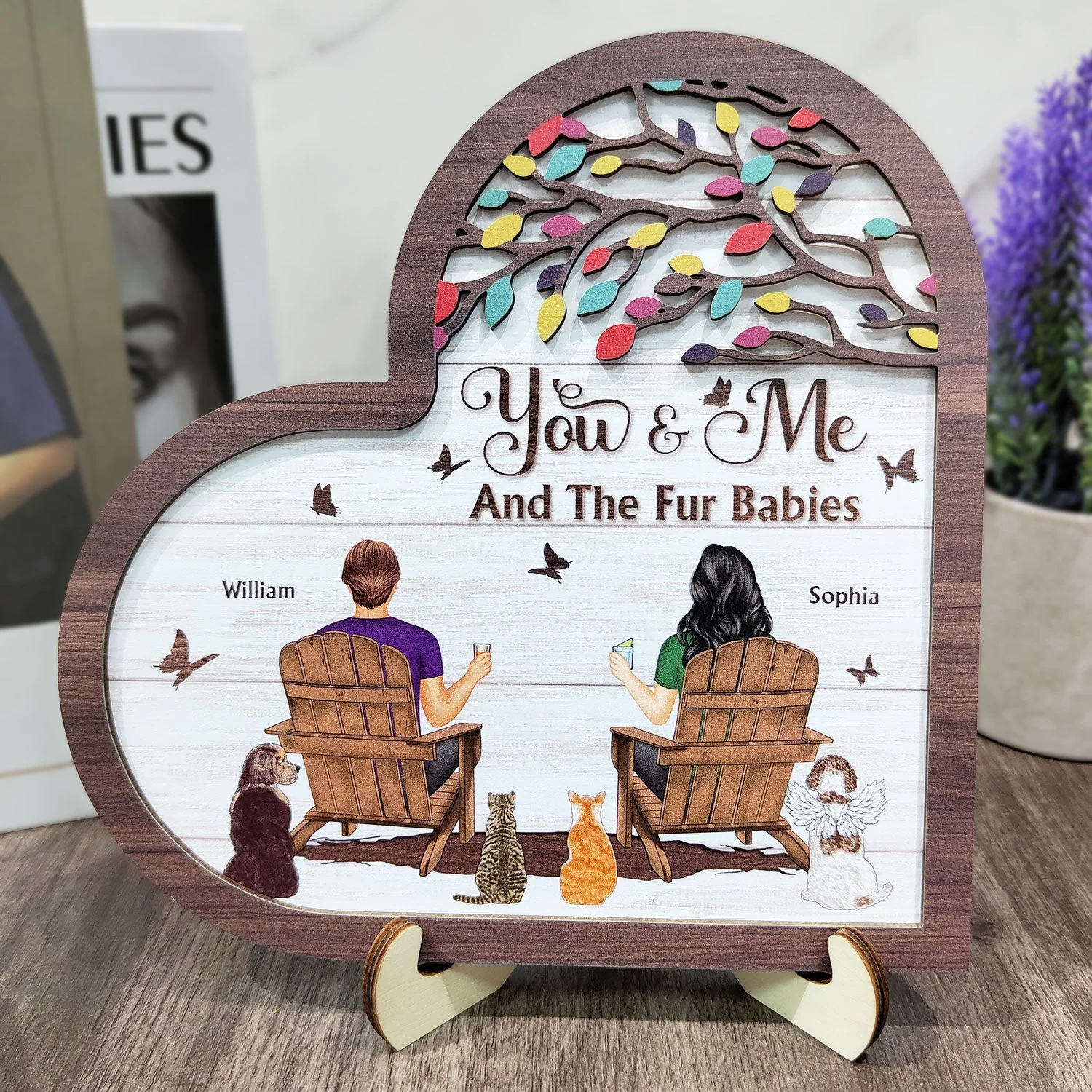 You And Me And The Fur Babies - Gift For Pet Couples - Personalized 2-Layered Wooden Plaque With Stand - Image 3