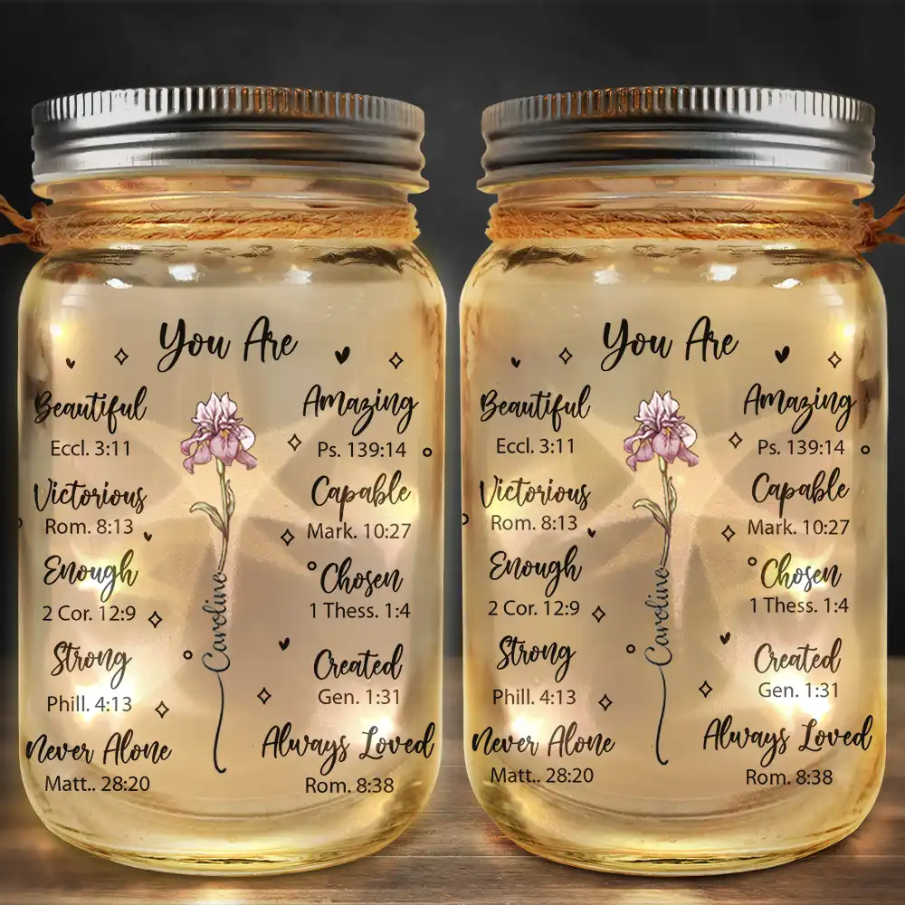 You Are Beautiful Victorious Woman Birth Month Flower - Personalized Mason Jar Light - Image 2