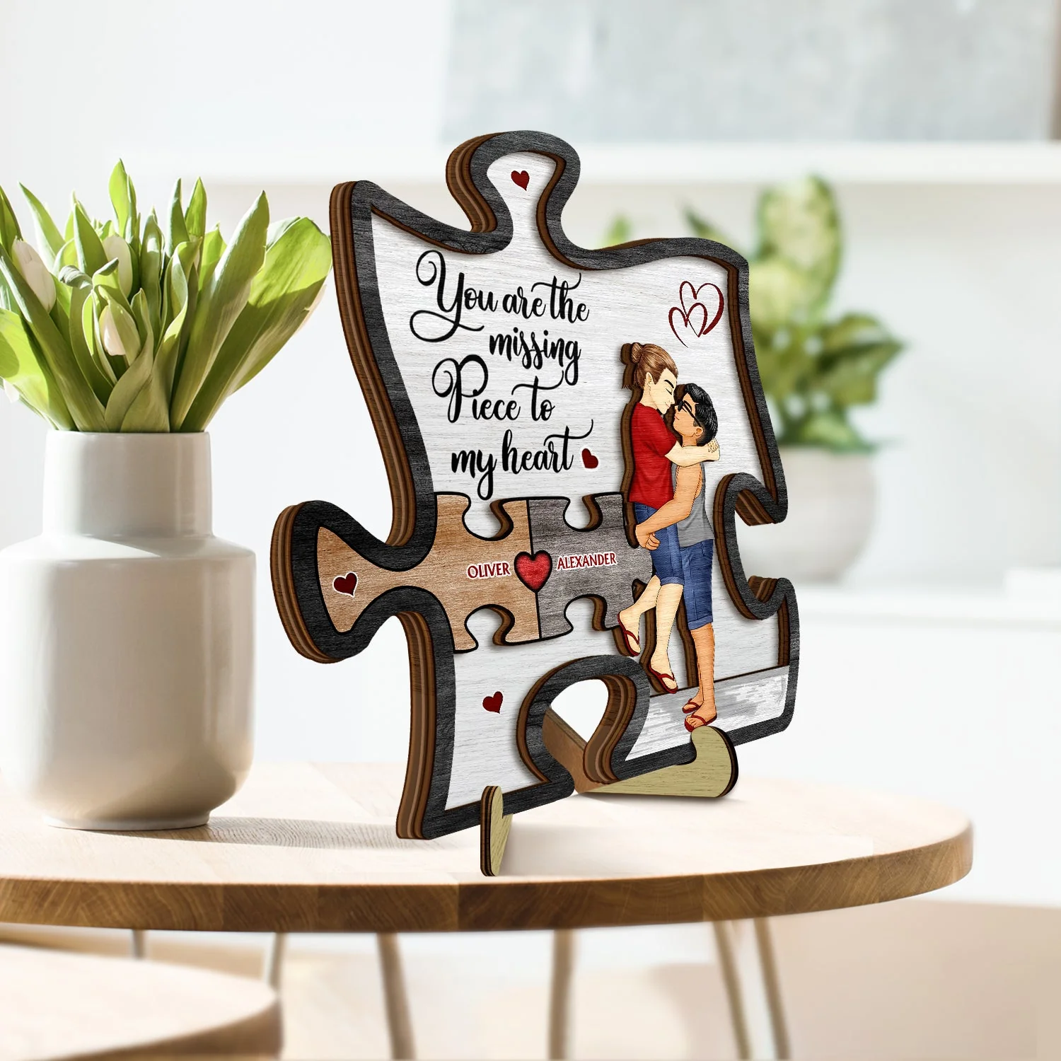 You Are My Missing Piece To My Heart - Anniversary Gift For Spouse, Lover, Couple - Personalized 2-Layered Wooden Plaque With Stand - Image 3