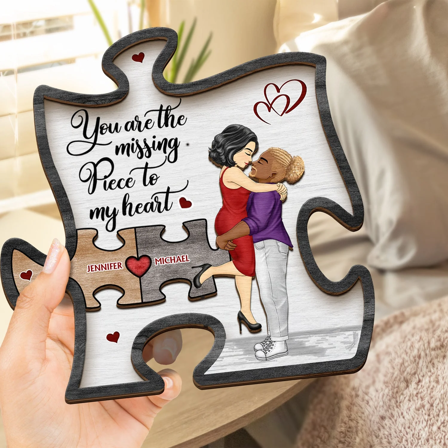 You Are My Missing Piece To My Heart - Anniversary Gift For Spouse, Lover, Couple - Personalized 2-Layered Wooden Plaque With Stand - Image 4