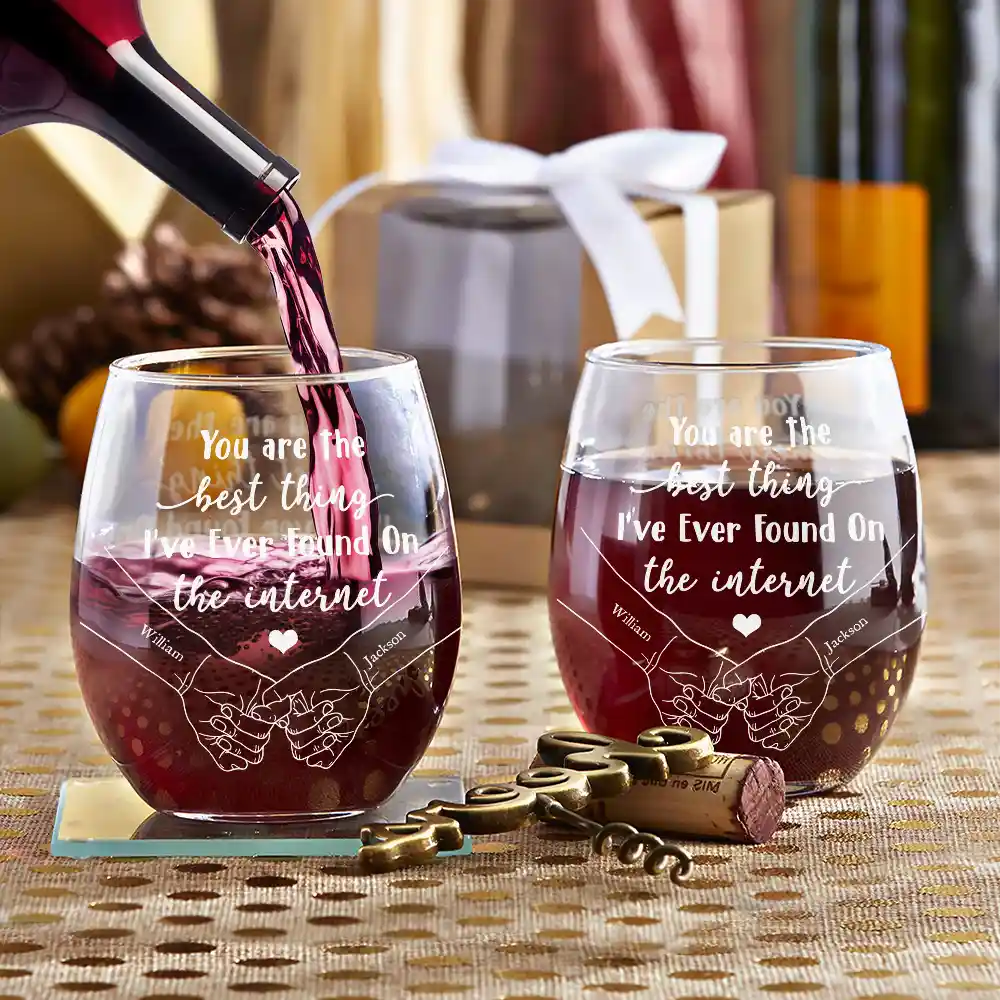 You Are The Best Thing I've Ever Found On The Internet Couple - Personalized Stemless Wine Glass - Image 3
